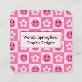 Geruite bloemen en Happy Faces Roze Vierkante Visitekaartje (Voorkant)