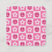 Geruite bloemen en Happy Faces Roze Vierkante Visitekaartje (Achterkant)