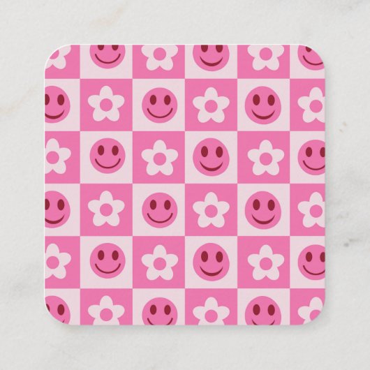 Geruite bloemen en Happy Faces Roze Vierkante Visitekaartje (Achterkant)