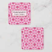 Geruite bloemen en Happy Faces Roze Vierkante Visitekaartje (Voorkant / Achterkant)