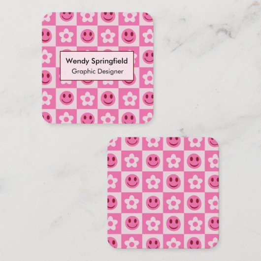 Geruite bloemen en Happy Faces Roze Vierkante Visitekaartje (Voorkant / Achterkant)