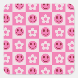 Geruite bloemen en vrolijke gezichten roze vierkante sticker