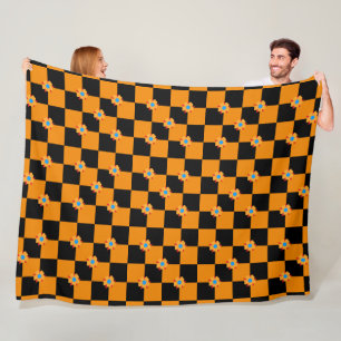 Geruite bloemen oranje en zwart fleece deken
