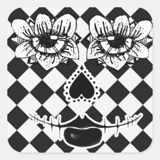 Geruite Bloemengezicht | Surrealistische Vierkante Sticker