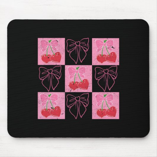 Geruite Cherry Coquette Bow Ribbon Roze Valentijn Muismat (Voorkant)