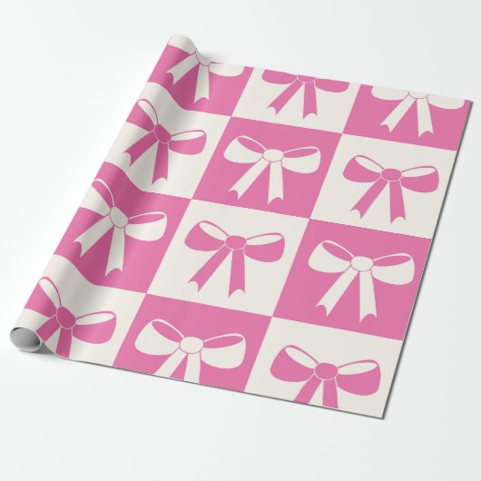 Geruite Coquette Girly Pink Bows Patroon Cadeaupapier (Uitgerold)