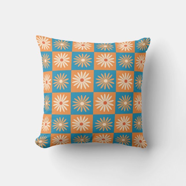 Geruite Daisy op Blauwe en Oranje Checkerboards Kussen (Voorkant)