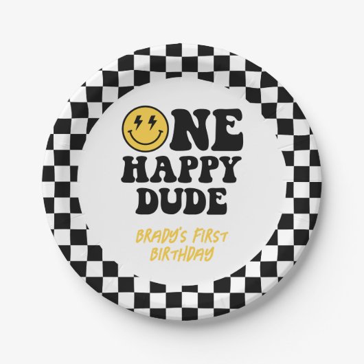 Geruite Een Gelukkig Dude 1e Verjaardag Glimlach Papieren Bordje (Voorkant)