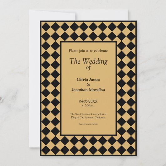 Geruite eenvoudige moderne zwart gouden bruiloft kaart (Voorkant)