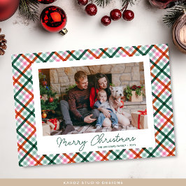 Geruite familiefoto vrolijk kerstfeest kerstkaart