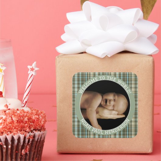 Geruite foto-stickers voor babyjongens vierkante sticker (Feest)