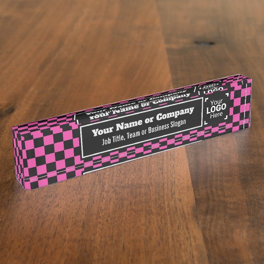 Geruite Fuchsia & Zwart - Moderne Business Style Naambordje (Zijkant)