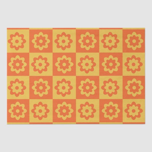 Geruite Gele Oranje Retro Bloemen Tissuepapier (Voorkant)
