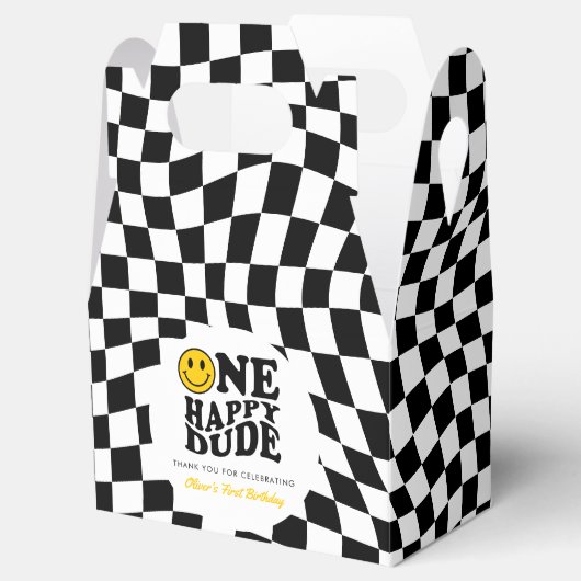 Geruite Gele Preppy Glimlach Aangepaste 1e Verjaar Bedankdoosjes (Geopend)