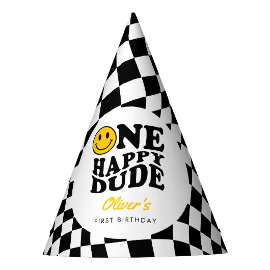 Geruite gele Preppy Smile 1e Verjaardag Custom Feesthoedjes (Voorkant)