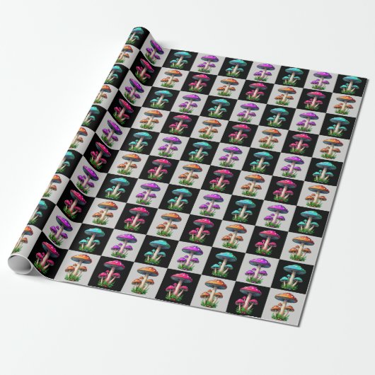 Geruite geometrische paddenstoel cadeaupapier (Uitgerold)