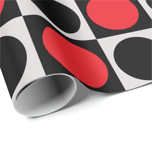 Geruite geometrische rode zwarte cirkel polka stip cadeaupapier (Rol Hoek)