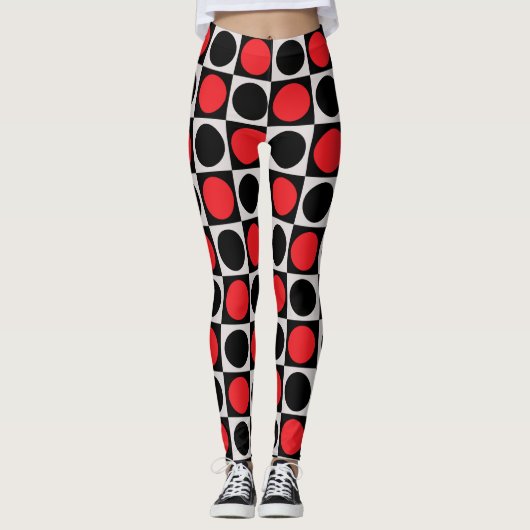 Geruite geometrische rode zwarte cirkel polka stip leggings (Voorkant)