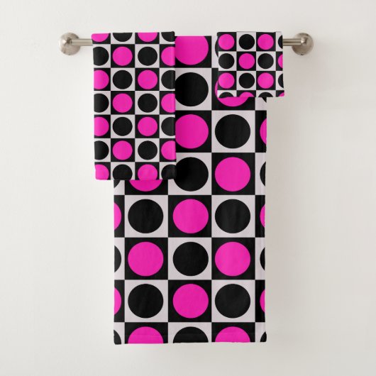 Geruite geometrische roze zwarte cirkel polka stip bad handdoek (Insitu)