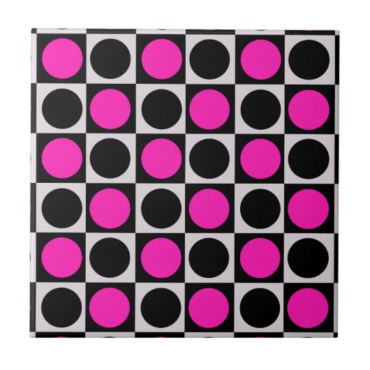 Geruite geometrische roze zwarte cirkel polka stip tegeltje (Voorkant)
