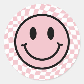 Geruite golvende roze preppy glimlach ronde sticker