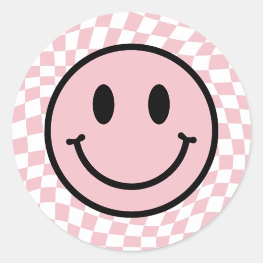 Geruite golvende roze preppy glimlach ronde sticker (Voorkant)