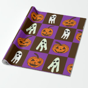 Geruite Griezelen Halloween Pompoenen en Geesten Cadeaupapier