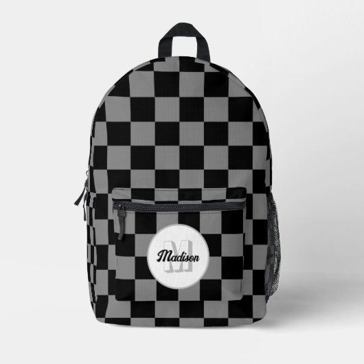 Geruite grijs en zwart geometrische retro Monogram Bedrukte Rugzak (Voorkant)