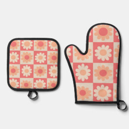 Geruite Groovy Perzik Fuzz Retro Bloemen Patroon Ovenwant & Pannenlap Set