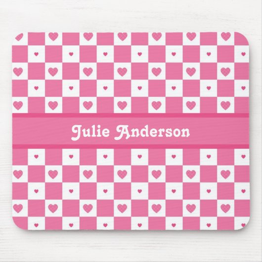 Geruite Hart Vierkantjes Patroon Roze en Wit Muismat (Voorkant)