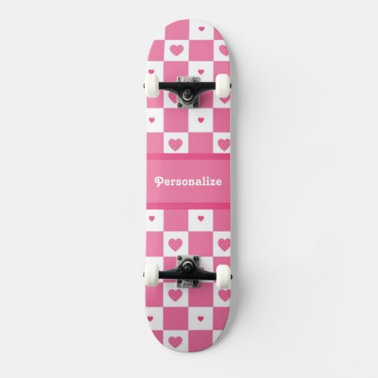 Geruite Hart Vierkantjes Patroon Roze en Wit Persoonlijk Skateboard (Voorkant)