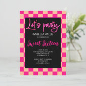 Geruite hete roze perzik retro Laten we feest vier Kaart (Staand voorkant)