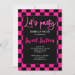Geruite hete roze zwart Lets party Sweet 16 foto Kaart