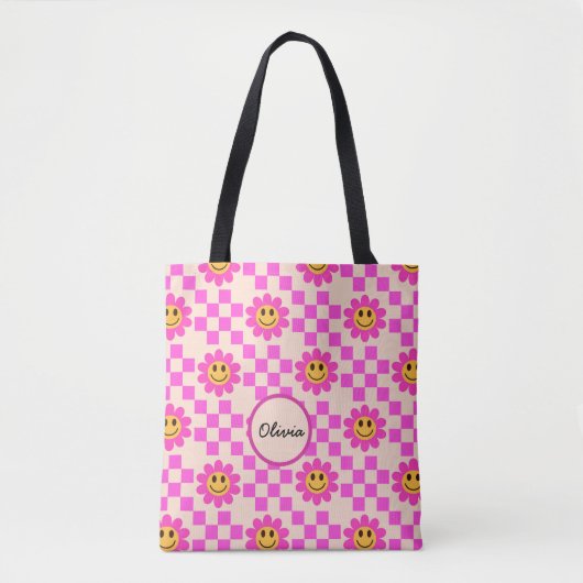 Geruite Hot Pink Lachende Bloemen Meisjes Naam Tote Bag (Voorkant)