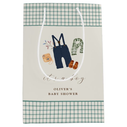  geruite jongenskleren Baby shower Medium Cadeauzakje (Voorkant)