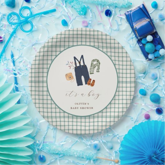  geruite jongenskleren Baby shower Papieren Bordje (Feest)