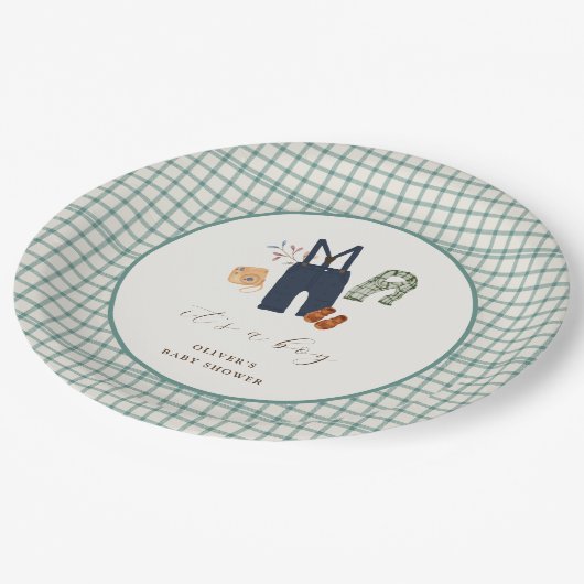 geruite jongenskleren Baby shower Papieren Bordje (Gekanteld)