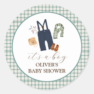  geruite jongenskleren Baby shower Ronde Sticker