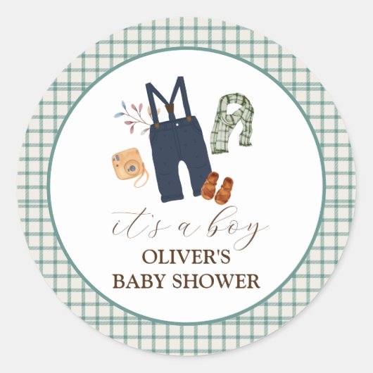  geruite jongenskleren Baby shower Ronde Sticker (Voorkant)