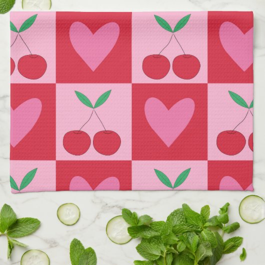 Geruite Kersen en Roze Harten Patroon Theedoek (Gevouwen)