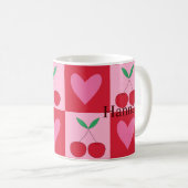Geruite kersen met roze harten Aangepaste naam  Koffiemok (Voorkant rechts)