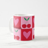 Geruite kersen met roze harten Aangepaste naam  Koffiemok (Voorkant links)