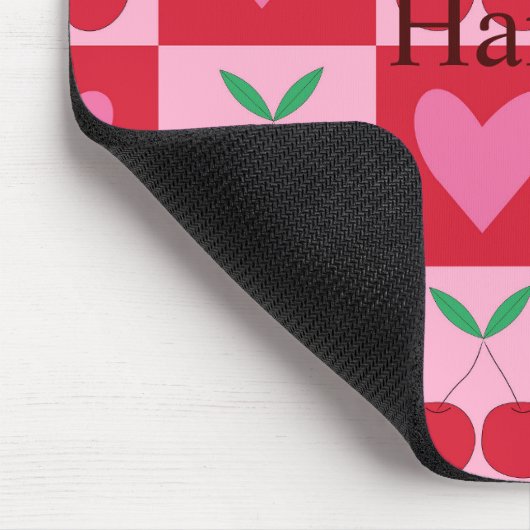 Geruite kersen met roze harten Custom Name Muismat (Hoek)