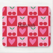 Geruite kersen met roze harten Custom Name Muismat (Voorkant)
