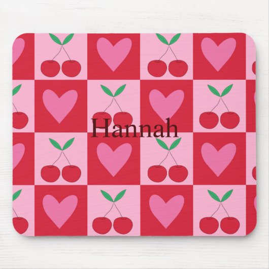Geruite kersen met roze harten Custom Name Muismat (Voorkant)