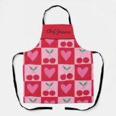 Geruite kersen met roze harten Custom Name Schort (Voorkant)