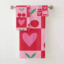 Geruite kersen met roze harten patroon bad handdoek