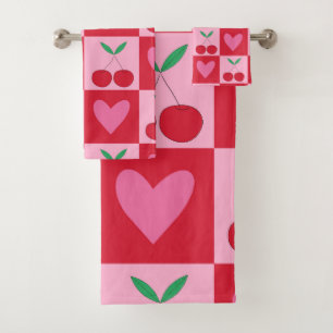 Geruite kersen met roze harten patroon bad handdoek