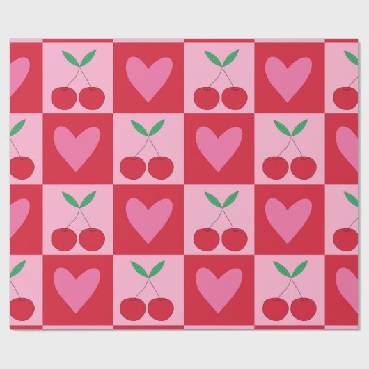 Geruite kersen met roze harten patroon cadeaupapier (Vlak)