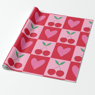 Geruite kersen met roze harten patroon cadeaupapier